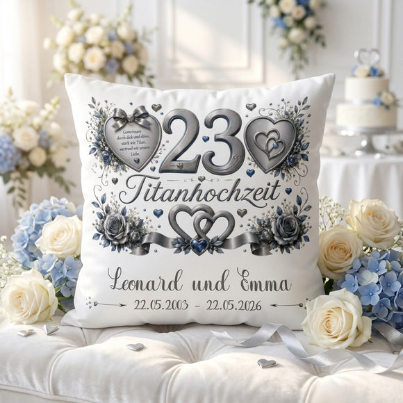 Geschenk zum 23. Hochzeitstag mit edlem Titan-Design und Namen des Ehepaares