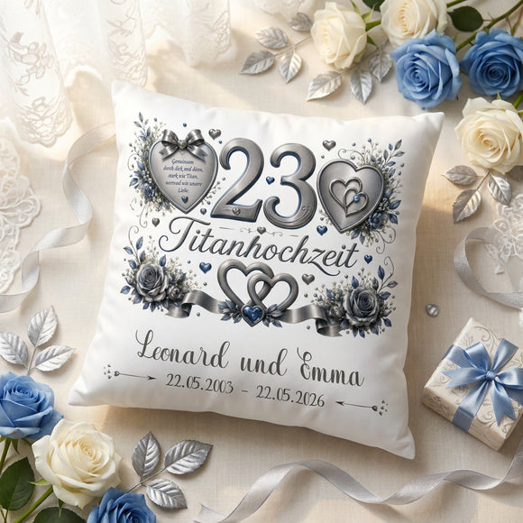 Geschenk 23. Hochzeitstag – personalisiertes Kissen zur Titanhochzeit mit Namen und Datum