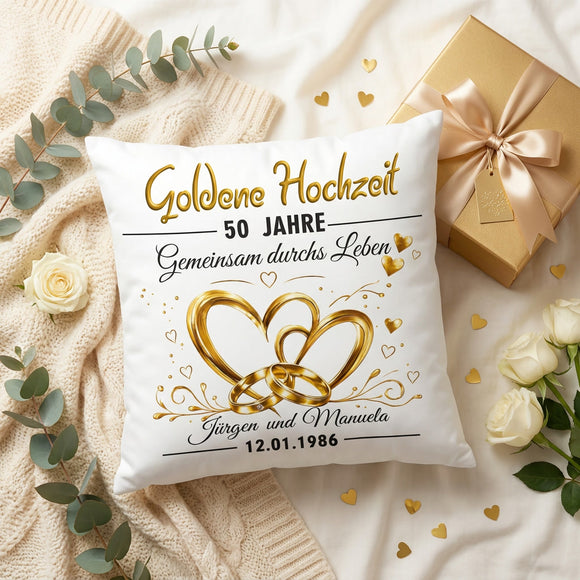Goldene Hochzeit Kissen personalisiert mit Eheringen und individueller Namensgestaltung