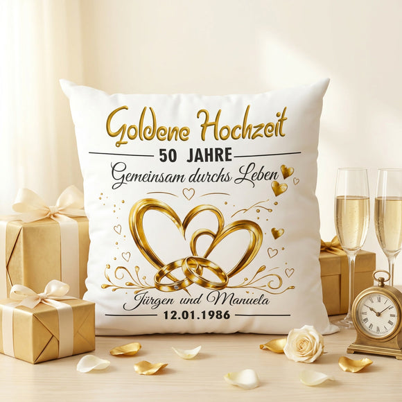 Kissen Goldene Hochzeit mit Champagnergläsern und elegantem Jubiläumsdesign