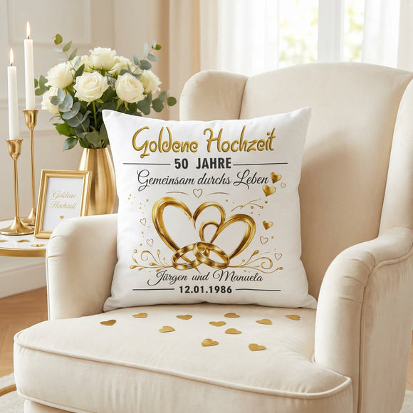 Personalisiertes Jubiläumskissen Goldene Hochzeit für 50 Jahre Liebe und Zusammenhalt