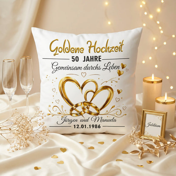 Personalisiertes Kissen Goldene Hochzeit mit Eheringen als hochwertiges Geschenk zum 50. Hochzeitstag