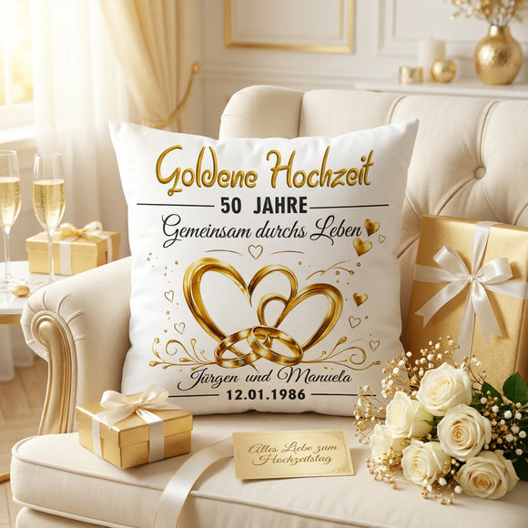 Dekokissen Goldene Hochzeit in Goldoptik mit Namen und Hochzeitsdatum