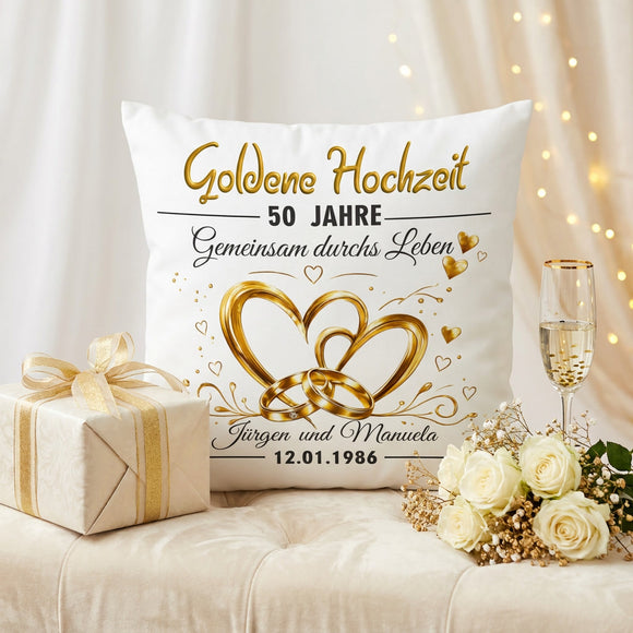 Personalisiertes Goldhochzeit Kissen als Erinnerung an 50 gemeinsame Ehejahre
