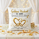 Personalisiertes Kissen Goldene Hochzeit mit goldenen Herzen und Namen als Geschenk zum 50. Hochzeitstag