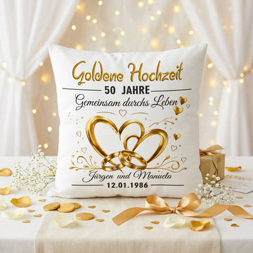 Personalisiertes Kissen Goldene Hochzeit mit goldenen Herzen und Namen als Geschenk zum 50. Hochzeitstag