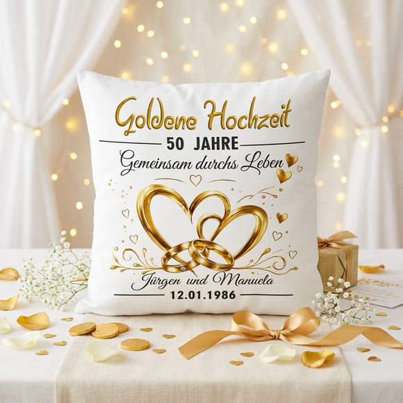 Personalisiertes Kissen Goldene Hochzeit mit goldenen Herzen und Namen als Geschenk zum 50. Hochzeitstag