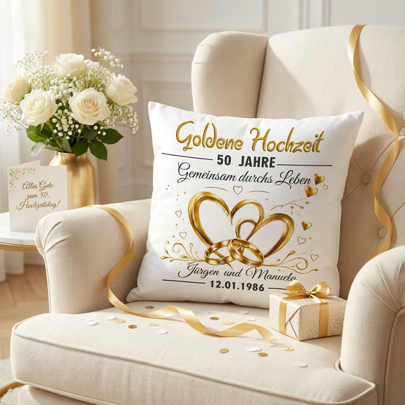 Kissen zum 50. Hochzeitstag mit goldenen Eheringen und persönlicher Gestaltung