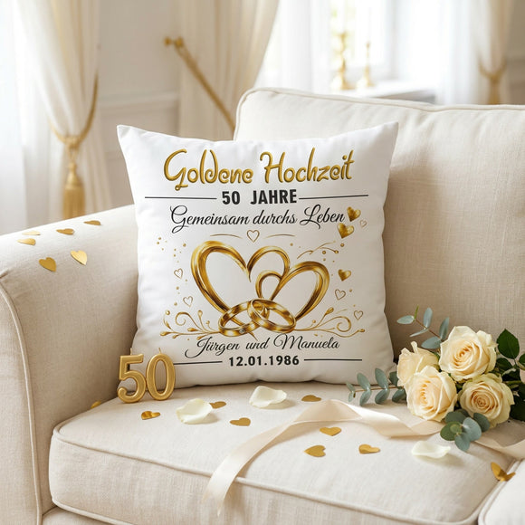 Goldene Hochzeit Geschenk mit personalisiertem Dekokissen und edlem Goldmotiv