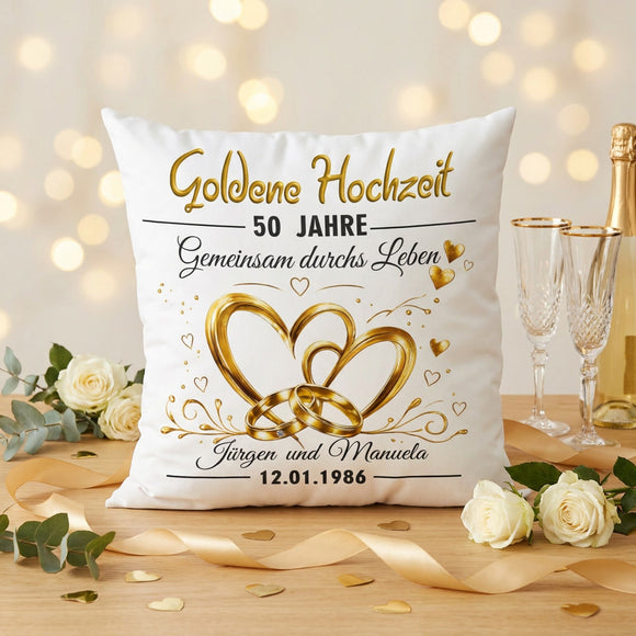 Personalisiertes Kissen für die Goldhochzeit mit Namen und Datum bedruckt