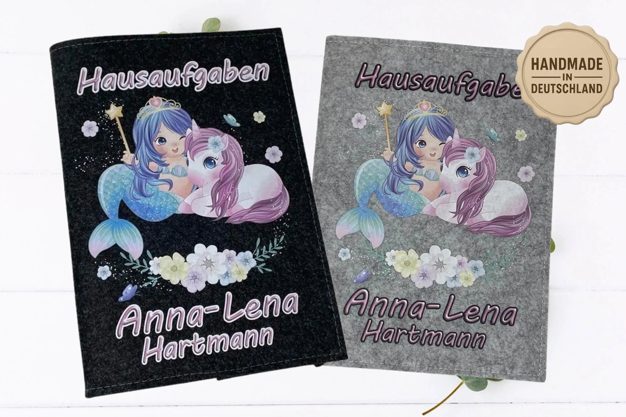 Hausaufgabenhüllen mit bunter Meerjungfrau und Einhorn in kindlichem Illustrationsstil.