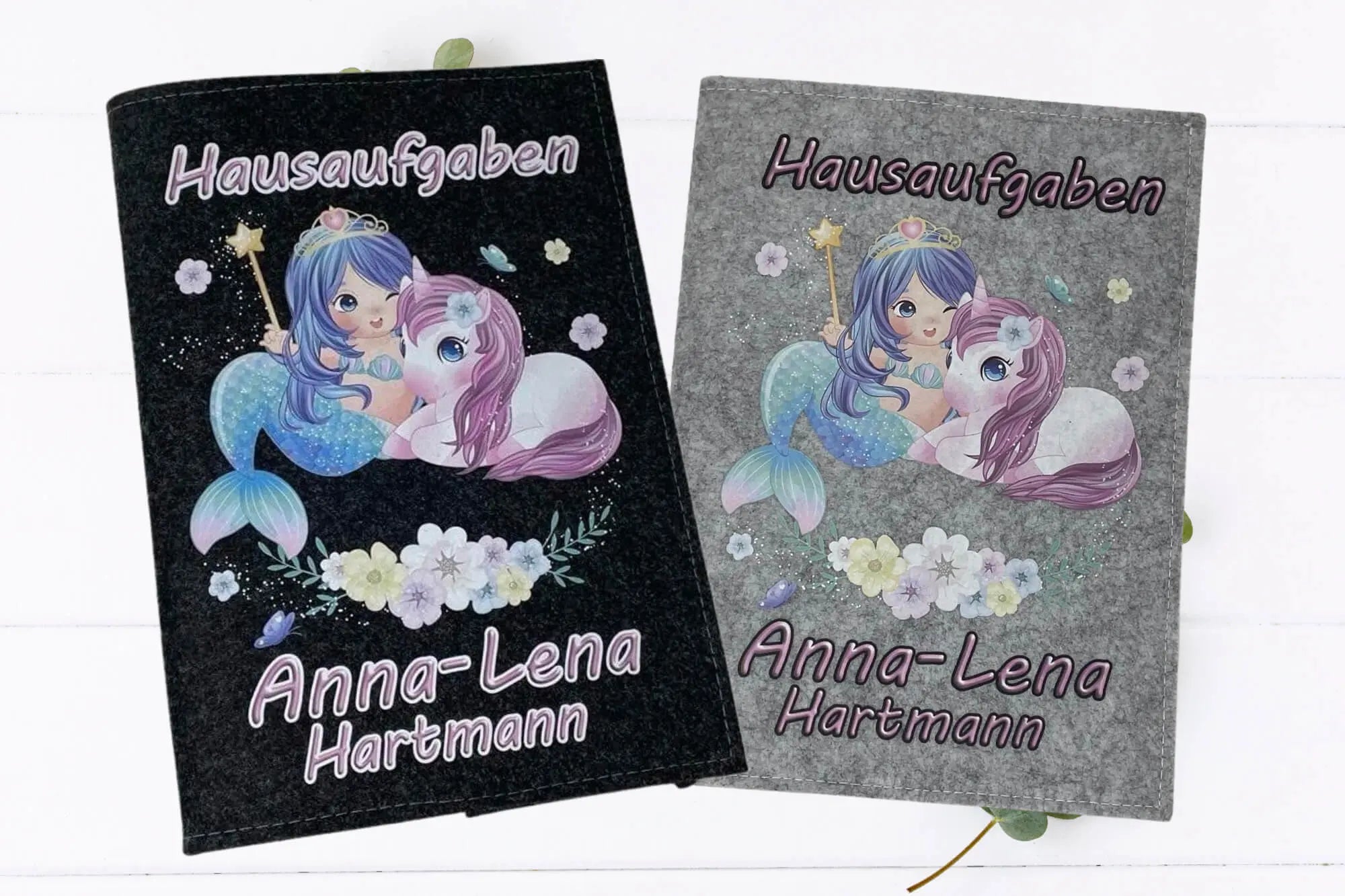 Verspielte Heft-Hülle mit Meerjungfrau und Einhorn – ein Highlight für Schulanfängerinnen.