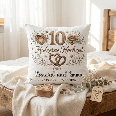 Hölzerne Hochzeit Kissen personalisiert zum 10 Hochzeitstag mit Namen
