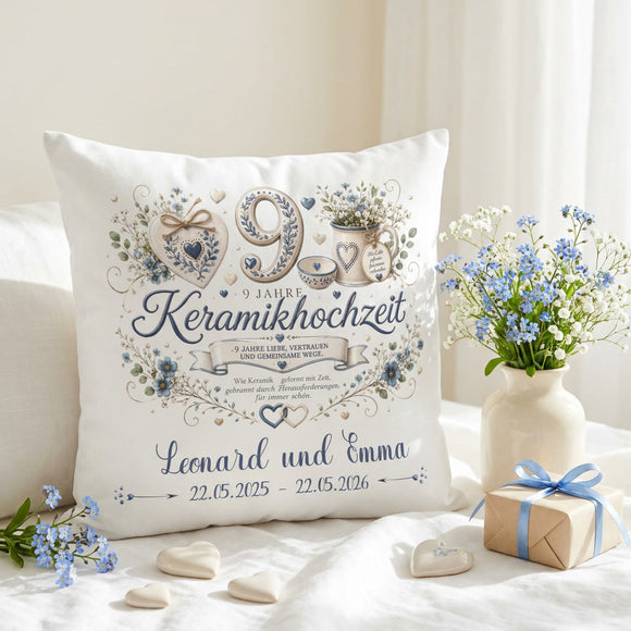 Geschenk zum 9. Hochzeitstag mit Keramikdesign und Namen des Ehepaares