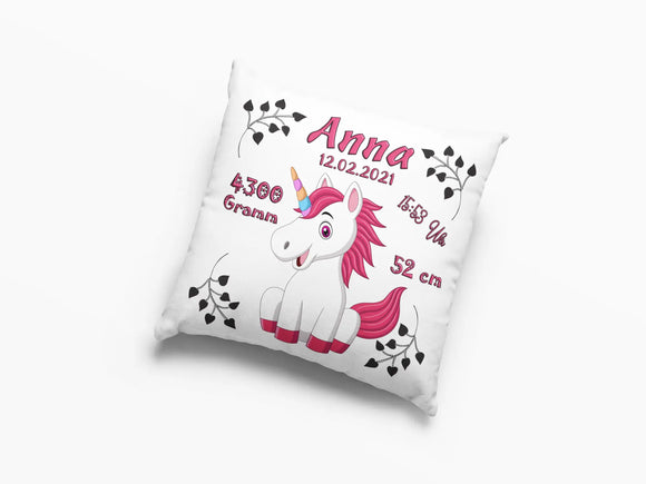 Individuell bedrucktes Kissen mit Regenbogen-Einhorn – verspieltes Design für Mädchen, inklusive Uhrzeit, Größe, Gewicht und Geburtsdatum.
