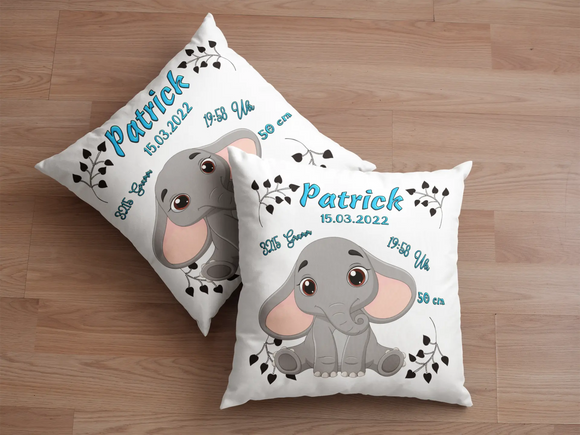 Kuschelkissen zur Geburt mit Elefant und Personalisierung – niedliches Elefantenbaby im Zentrum, begleitet von Größe, Gewicht, Uhrzeit und Geburtsdatum.