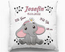 Geburtskissen mit Elefantenmädchen und Blume – süßer grauer Elefant mit rosa Ohren und Blume im Haar, umgeben von Geburtsdaten und Blätterranken.