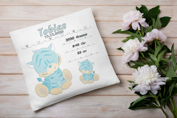 Weiches Baby-Kissen mit schlafender Tierfigur und Geburtsangaben – ideal für Jungenzimmer, mit herzlicher Gestaltung und sanften Farben.