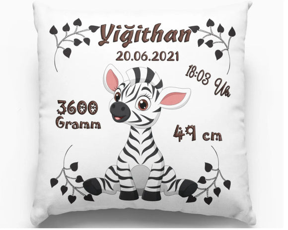Personalisierbares Geburtskissen mit süßem Zebra und Herzranken – ideales Geschenk zur Geburt mit Geburtsdaten und fröhlichem Tiermotiv.