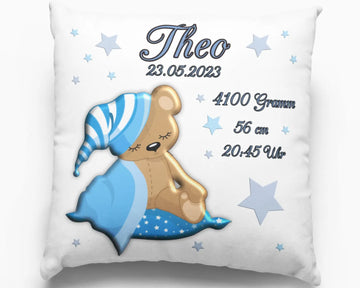 Personalisiertes Babykissen mit schlafendem Teddy und Geburtsdaten in Blau – Geschenk zur Geburt