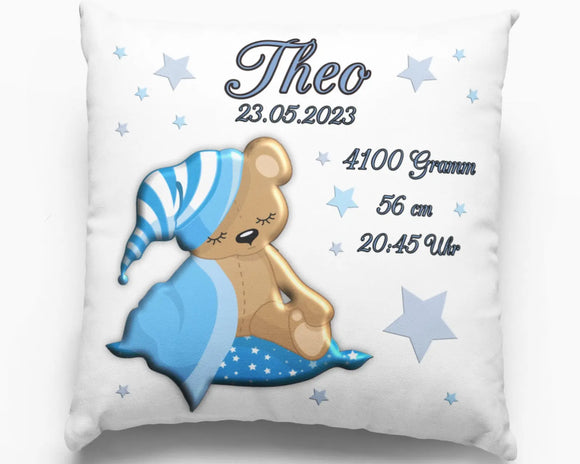 Personalisiertes Babykissen mit schlafendem Teddy und Geburtsdaten in Blau – Geschenk zur Geburt