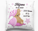 Geburtskissen mit schlafendem Teddybär in Rosa – liebevoll gestaltetes Kissen mit Bär im rosa Schlafanzug, Sternen und Geburtsdaten.