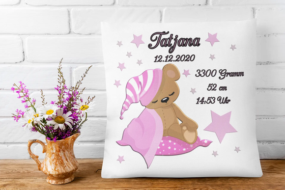 Dekokissen für Neugeborene mit rosa Farbthema und süßem Bären – beruhigendes Kissen mit Schlafbär, ideal für Babyzimmer.