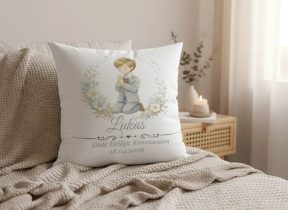 Kommunionsgeschenk personalisiert für Jungen – Kissen mit christlichem Motiv