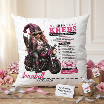 Geschenk Sternzeichen Krebs Frau – personalisiertes Kissen mit Bikerin, Motorrad, Name und Geburtsdatum