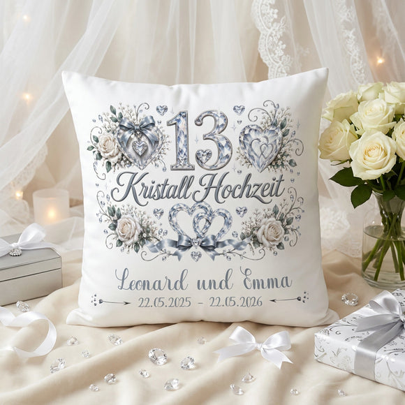 Hochwertiges Kissen zur Kristallhochzeit mit Namen, Datum und eleganter Kristalloptik