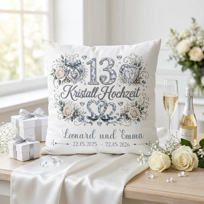 Geschenk Kristallhochzeit – personalisiertes Kissen mit Namen und Datum zum 13. Hochzeitstag