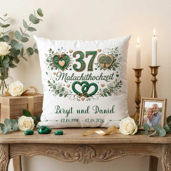 Geschenk Malachithochzeit – personalisiertes Kissen mit Namen und Datum zum 37. Hochzeitstag