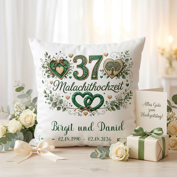 Geschenk Malachithochzeit – personalisiertes Kissen mit Namen und Datum