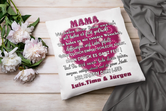 Mama Kissen mit Spruch, Namen und Herzdesign bedruckt