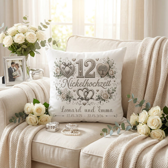 Geschenk zum 12. Hochzeitstag mit eleganter Nickeloptik und Namen des Ehepaares