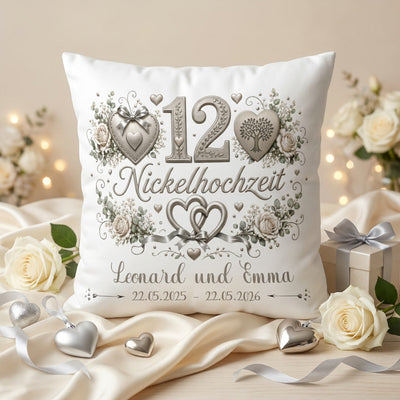Geschenk Nickelhochzeit – personalisiertes Kissen mit Namen und Datum zum 12. Hochzeitstag