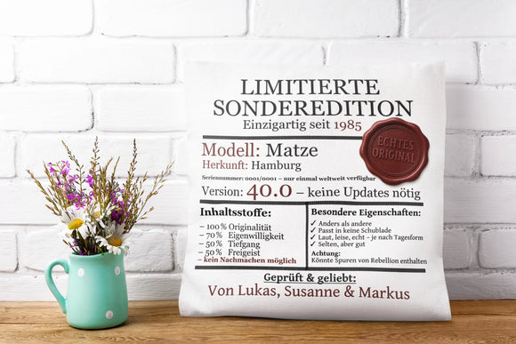 Personalisiertes Kissen als Sonderedition zum 40. Geburtstag mit rotem Siegel und lustigem Textdesign