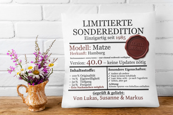 Witziges personalisiertes Kissen mit Aufdruck Version 40.0 – Geschenkidee für Männer