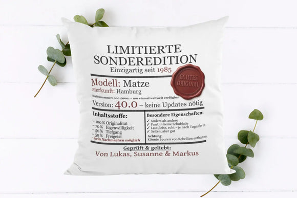 Personalisiertes Kissen zum runden Geburtstag – limitierte Typenschild-Edition mit Geburtsjahr