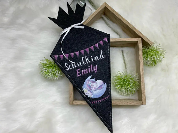 Schwarze Filz-Schultüte mit Krone und Schleife zur Einschulung