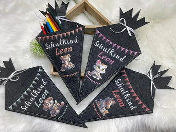 Personalisierte Schultüte mit Bärenmotiv – Filz-Zuckertüte für Jungen mit Namen Leon