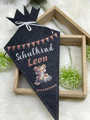 Einschulungsschultüte aus Filz mit Krone und Tierfigur – personalisierbar für Mädchen und Jungen