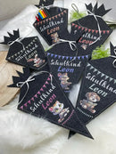 Handgemachte Schultüte mit Schleife, Tiermotiv und Schriftzug Schulkind Leon