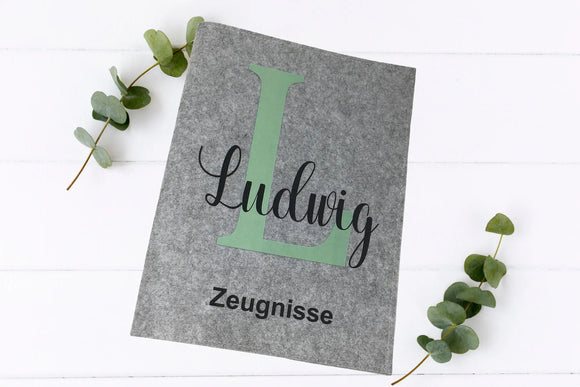 Zeugnismappe mit Namen und großem mintgrünem  – robuster Filz in zwei Farben, stilvoll für die Schule.