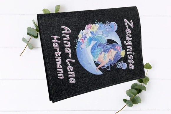 Niedliche Meerjungfrau-Zeugnismappe mit Name auf hochwertigem Filz – Geschenkidee zur Einschulung oder Zeugnisübergabe