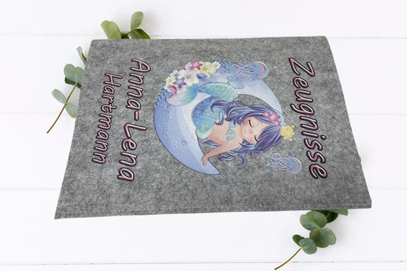 Zeugnismappen in Hellgrau und Dunkelgrau mit Meerjungfrauen-Illustration, ideal für die Grundschule oder Einschulung