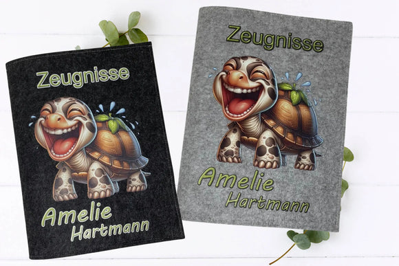 Kinder-Zeugnismappen aus Filz mit lustiger Schildkröte, Wasser-Spritzern und verspielter Schrift – ideal für Mädchen