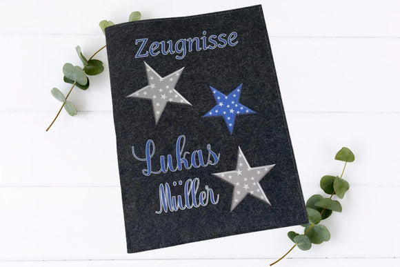 Personalisierte Schulmappe mit modernen Sternen in Blau, Grau und Schwarz – für Jungen und Mädchen geeignet