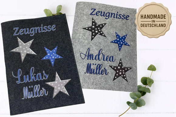 Personalisierte Zeugnismappen mit dreifarbigen Sternen für Schule oder Kita – Design für Jungen oder neutrale Geschenkidee