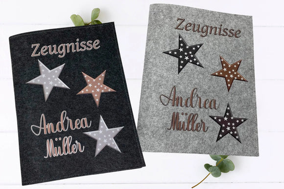Handgemachte Zeugnismappe mit stilvollem Sternen-Design in natürlichen Farben – Namensaufdruck in passender Farbabstimmung